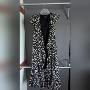 Lulu's Beautiful Aura Black Floral Ruffled Wrap Midi Dress